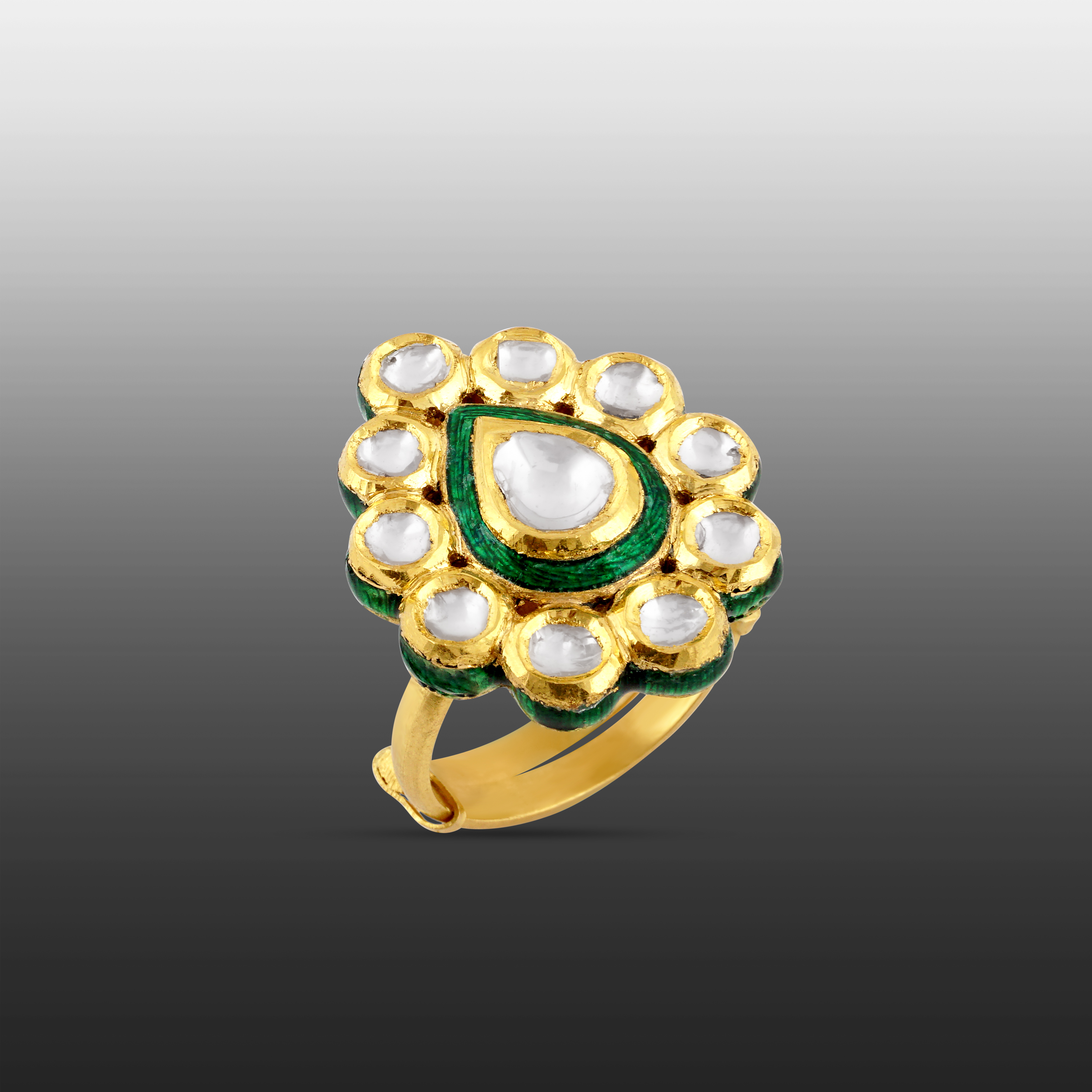 Pear-Shaped Polki Ring with Green Meena and Polki Cluster